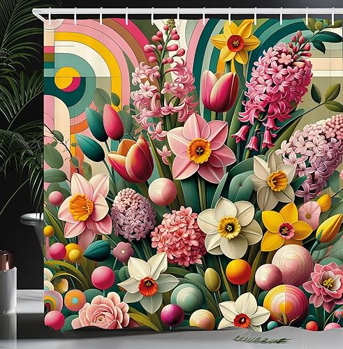 Miniatura 33 de Ambesonne - Cortina de ducha hippie, flores de aspecto de margaritas en ondas groovies abstractas estilo retro de los años 60 y 70, juego de Azul