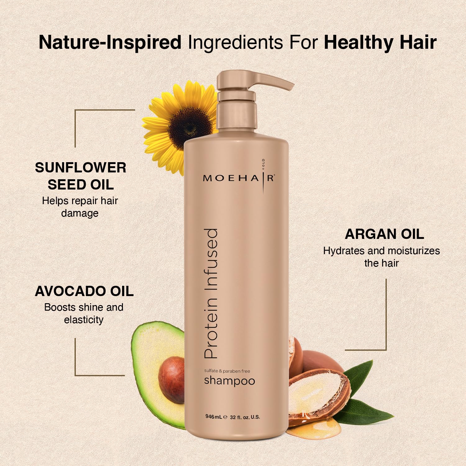 MOEHAIR Protein Infused Shampoo | Anti-Frizz, Moisturizing & Strengthening Shampoo for All Hair Types | With Proteins, Natural Oils & Vitamin E & B5 | Sulfate & Paraben-Free Hair Shampoo, 32 Fl Oz - Image 2