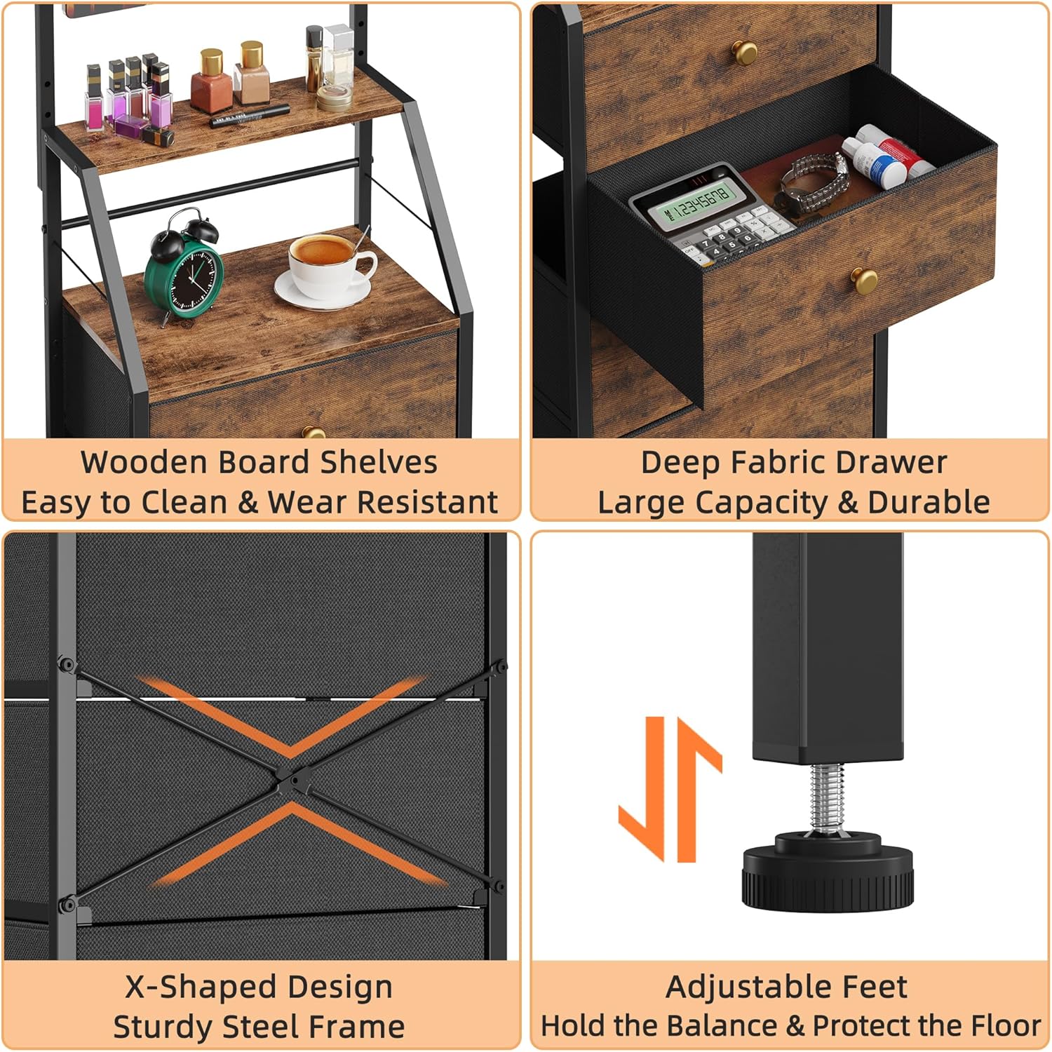 HIGDBFE 4-Drawer Dresser with Mirror, Vanity with 2-Tier Shelves, Fabric Chest of Drawers for Small Space, Vertical Storage Cabinet for Bedroom, Nightstand Bedside Table, Rustic Brown, 15.3" W