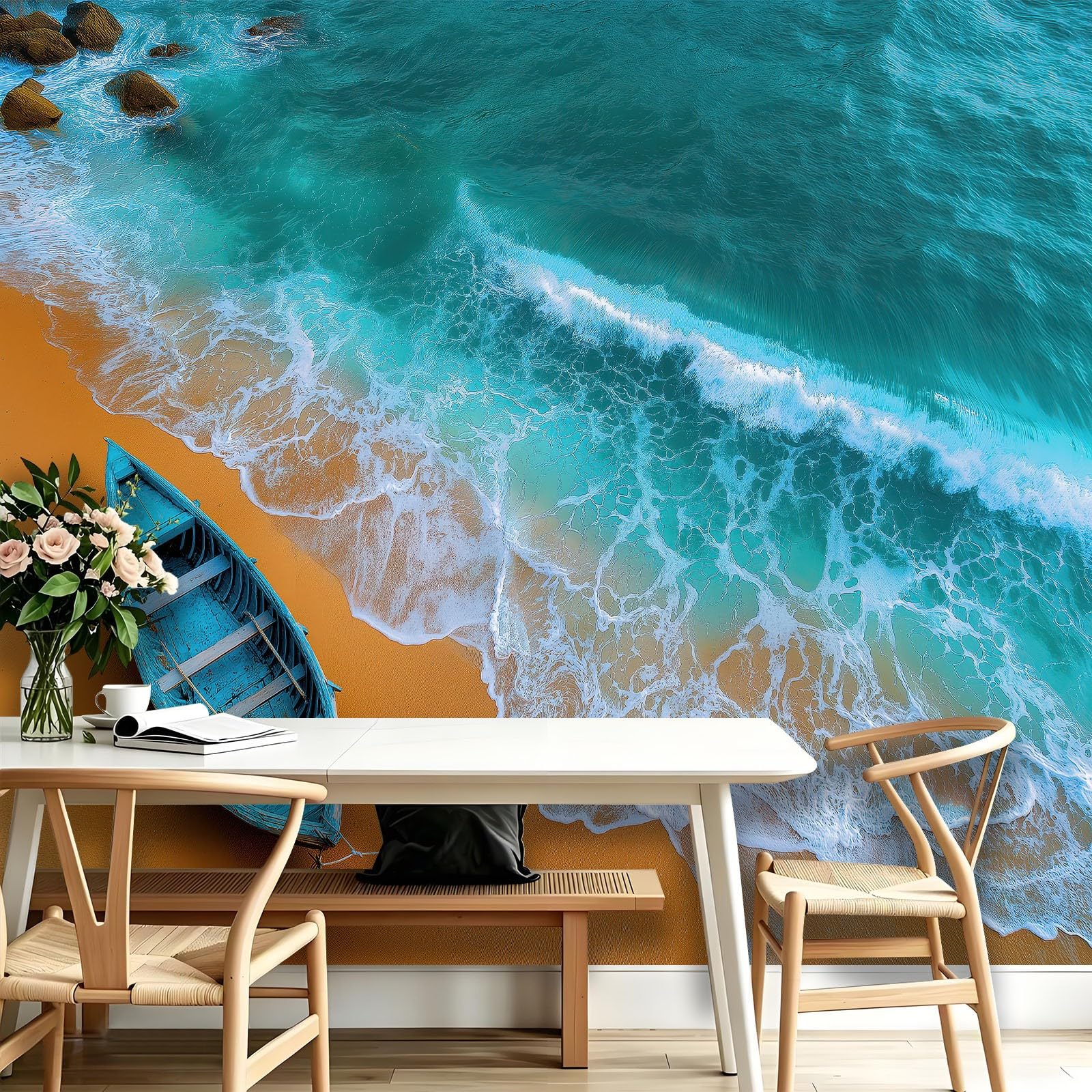 Carta da parati fotografica, 250 x 175 cm, in tessuto non tessuto, stile nautico, barca in legno, spiaggia, carta da parati per bagno, casa vacanze, camera dei ragazzi