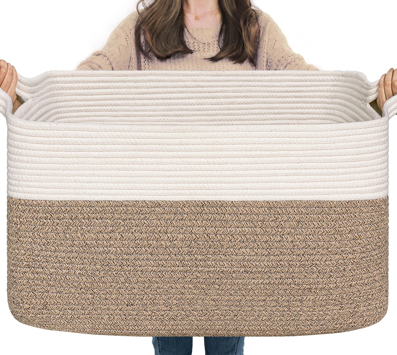 TIMEYARD Wäschekorb, Korb Aufbewahrung, Faltbarer Wäschekorb, Aufbewahrungskorb für Baby Spielzeug, Square Laundry Baskets, Korb Aufbewahrung für Decken, kissen, Gästehandtuchkorb, 65L, Weiß und Braun