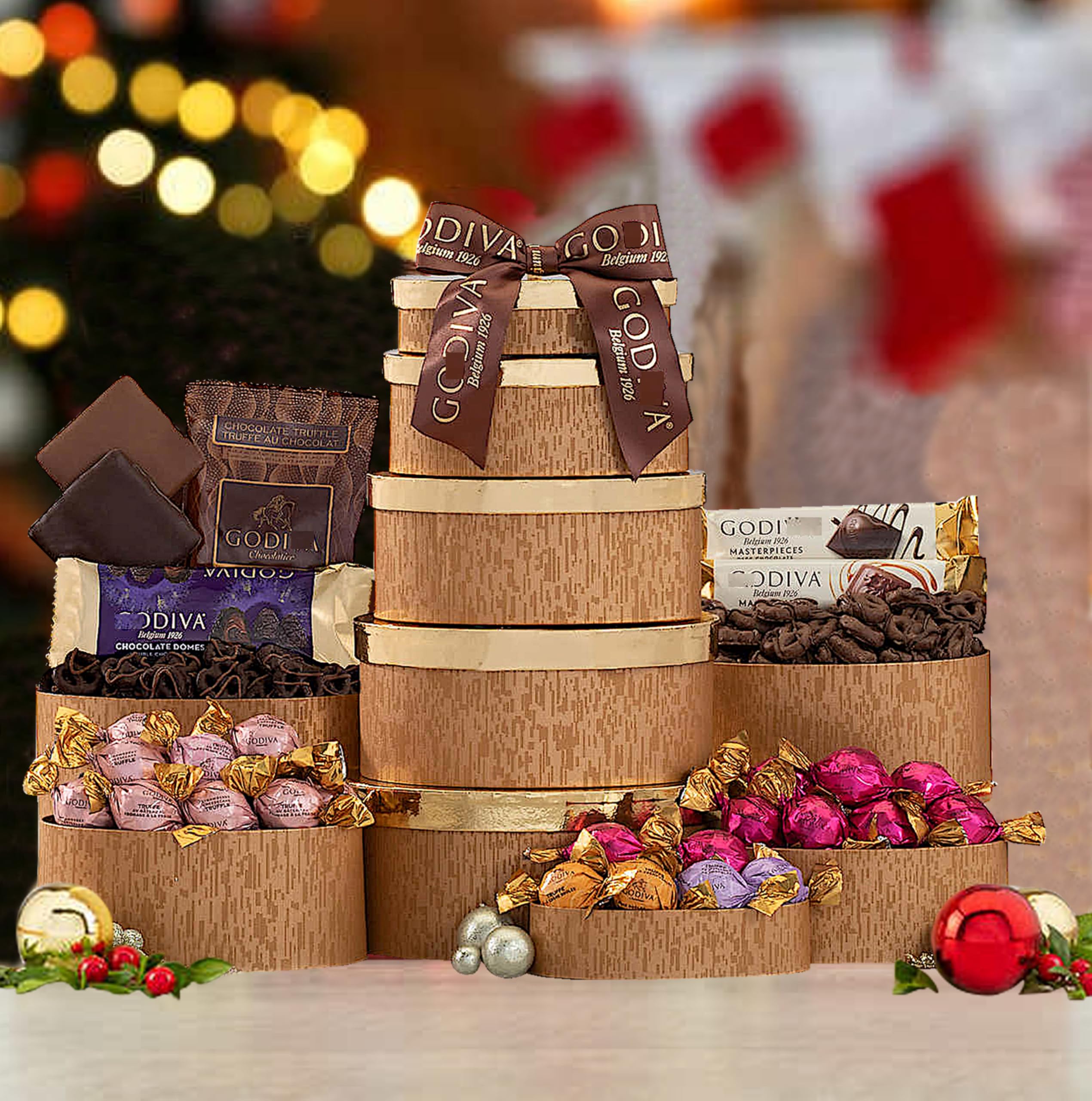 Gift Tower Belgian MasterPiece chocolate collection –Chocolate Assortment For 2025 Holiday Tower/Basket -Christmas, Corporate Gift,Birthday, Family & Friends (color my vary red or brown)