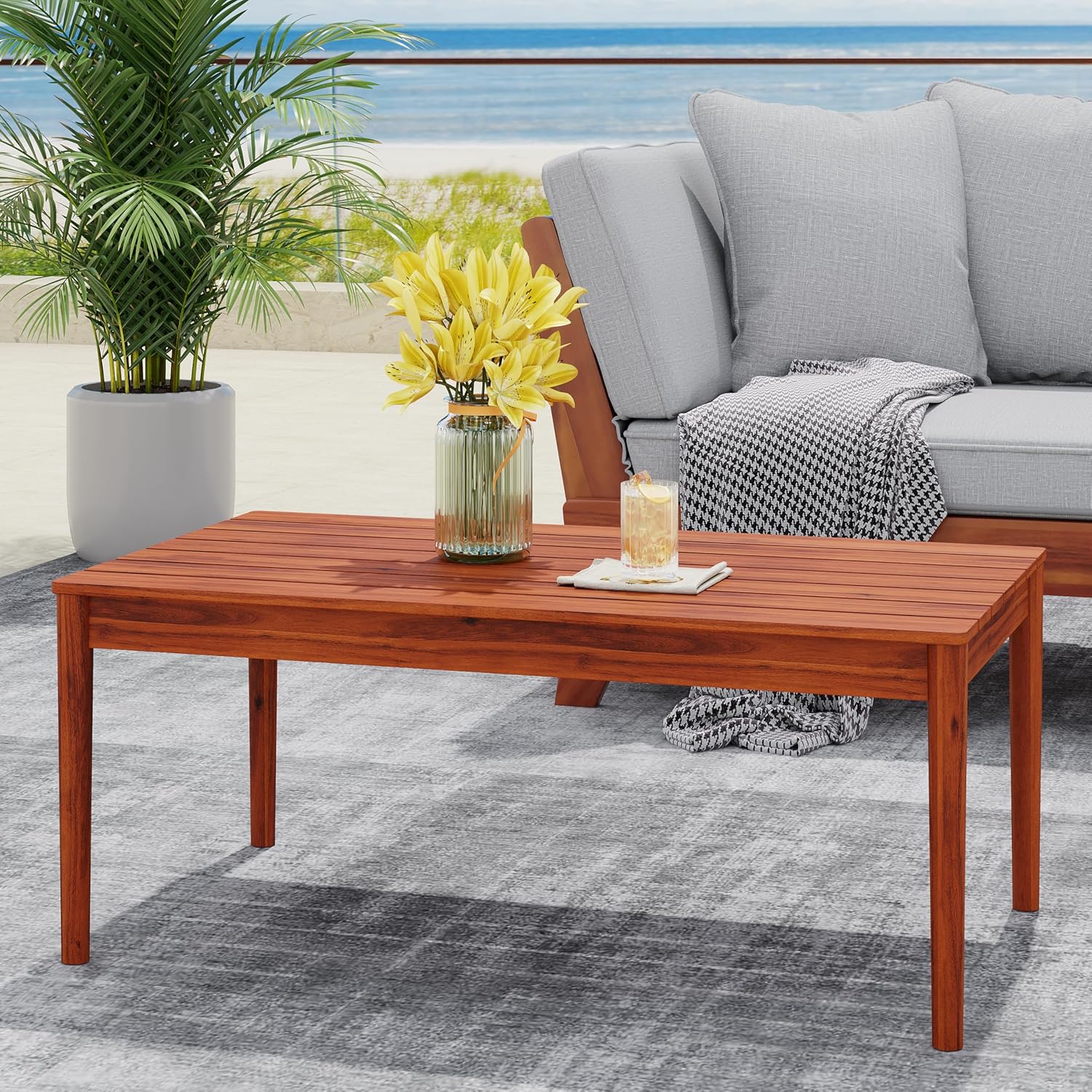Bryan Solid Acacia Wood Coffee Table 36.25" Rustic Outdoor Patio Side Table with Mahogany Finish Low Height Modern Living Room End Table