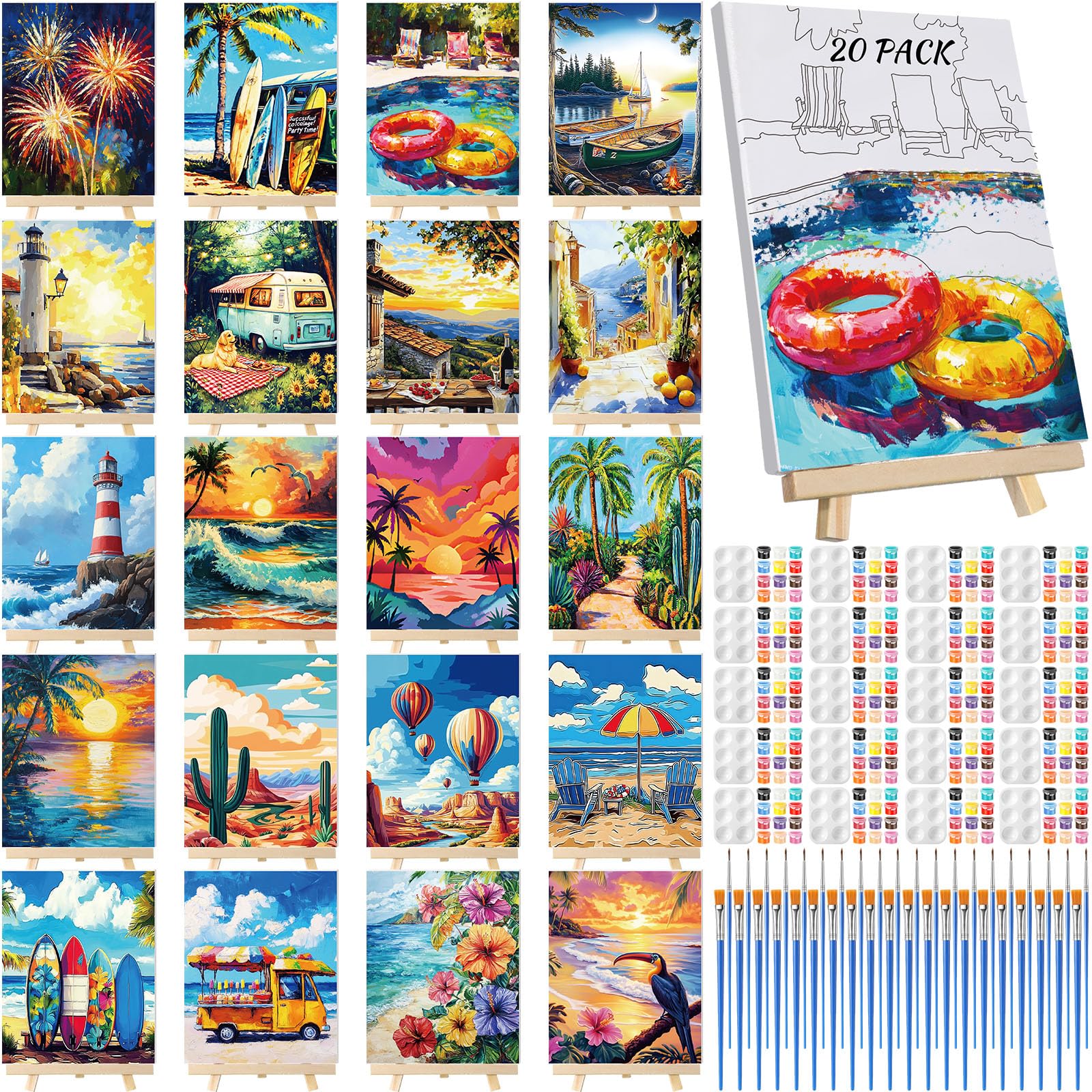 Zhanmai 20 Pack Pre Drawn Canvas for Painting Drawn Canvas Paint Kit Pre Printed Canvases for Sip and Paint Party Favor DIY Virtual Party Birthday Gifts Adult's Date Night(Summer Color)