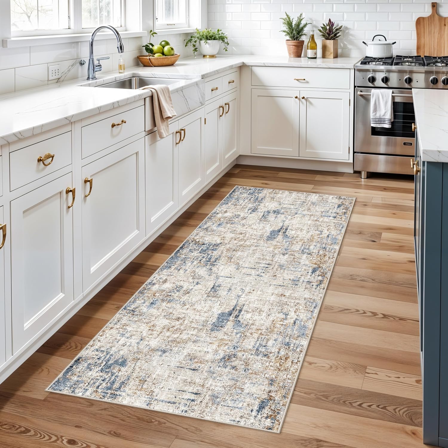 2x6 Washable Non-Slip Hallway Runner Rug – Modern Abstract Soft Carpet Runner for Kitchen, Bedroom with Rubber Backing – Low-Pile Thin Stain-Resistant Rug for Laundry Room, Entryway（Blue Brown） image 2