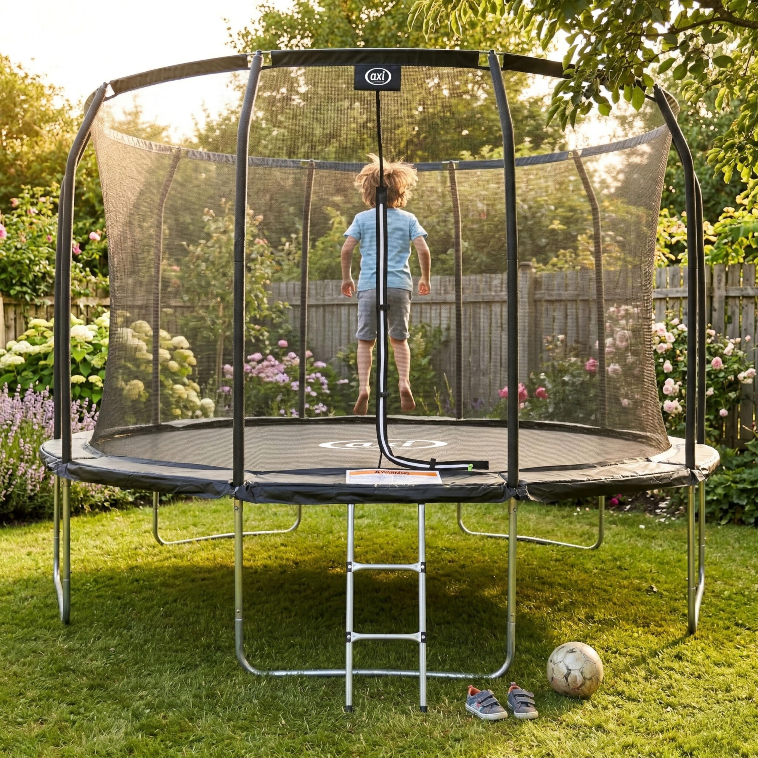 Axi Houston Trampoline Rond - Filet en Noir | Trampoline Hors Sol - pour Enfants - avec Bordure, Echelle Et Filet De Sécurité | pour Le Jardin/L'Extérieur,