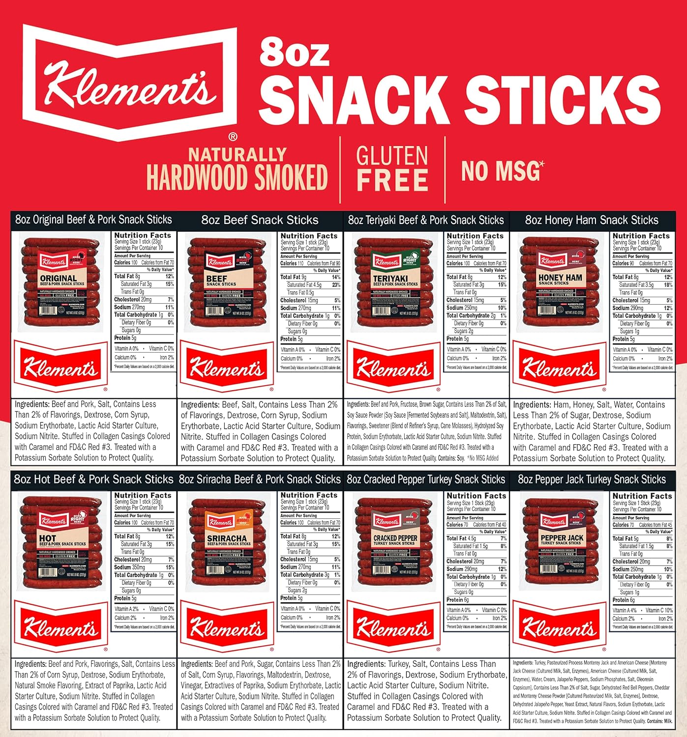 Klement's 8oz Snack Sticks Variety Pack - One 7.2oz Package of Each Flavor (Original, Honey Ham, Teriyaki, Beef, Pepper Jack, Cracked Pepper, Hot & Sriracha)