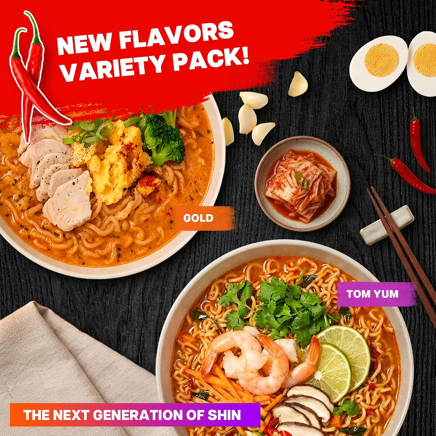 Nongshim Shin Ramyun Gold & Shin Ramyun Tom Yum Variety Pack, Savory Chicken Flavored Broth, Zesty Thai Style Spicy Noodles, Korean Noodles, Pantry Staples, 8 Packs