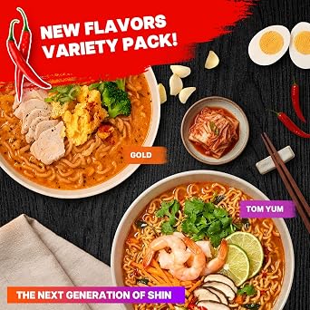 Nongshim Shin Ramyun Gold & Shin Tom Yum, Korean Ramen Noodles, 8 Packs | Instant ramen variety pack with chicken broth and lime-lemongrass Tom Yum profiles