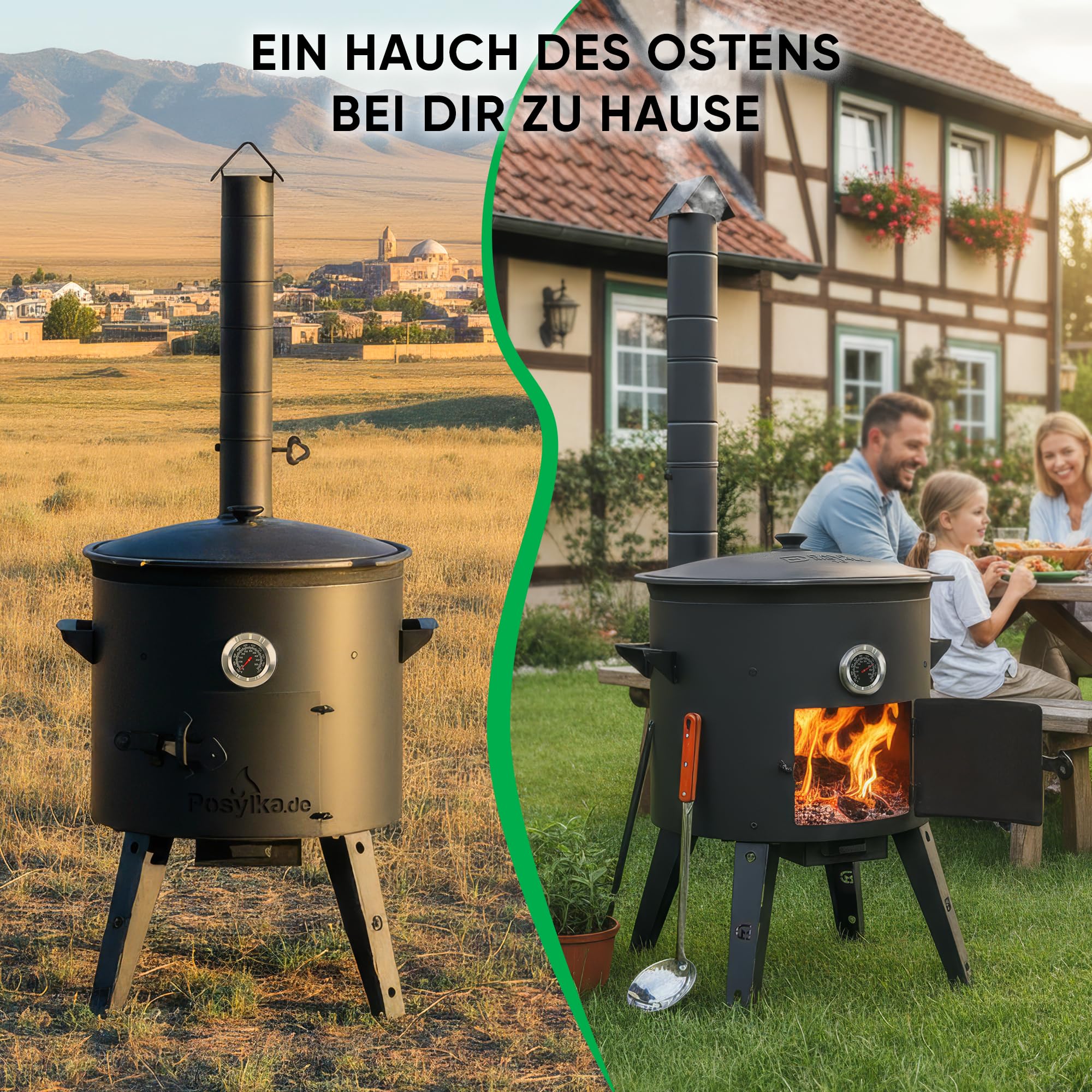 Utschak Feuerofen Ø 44 cm 2 mm Stahl mit Thermometer Usbekische Kazan 16 L runder Boden 2 Schaumlöffel 48 cm Schaumlöffel 64 cm Schöpfkelle 48 cm Löffel und Spatel 35 cm Kazan Gusseisen (Set 6)
