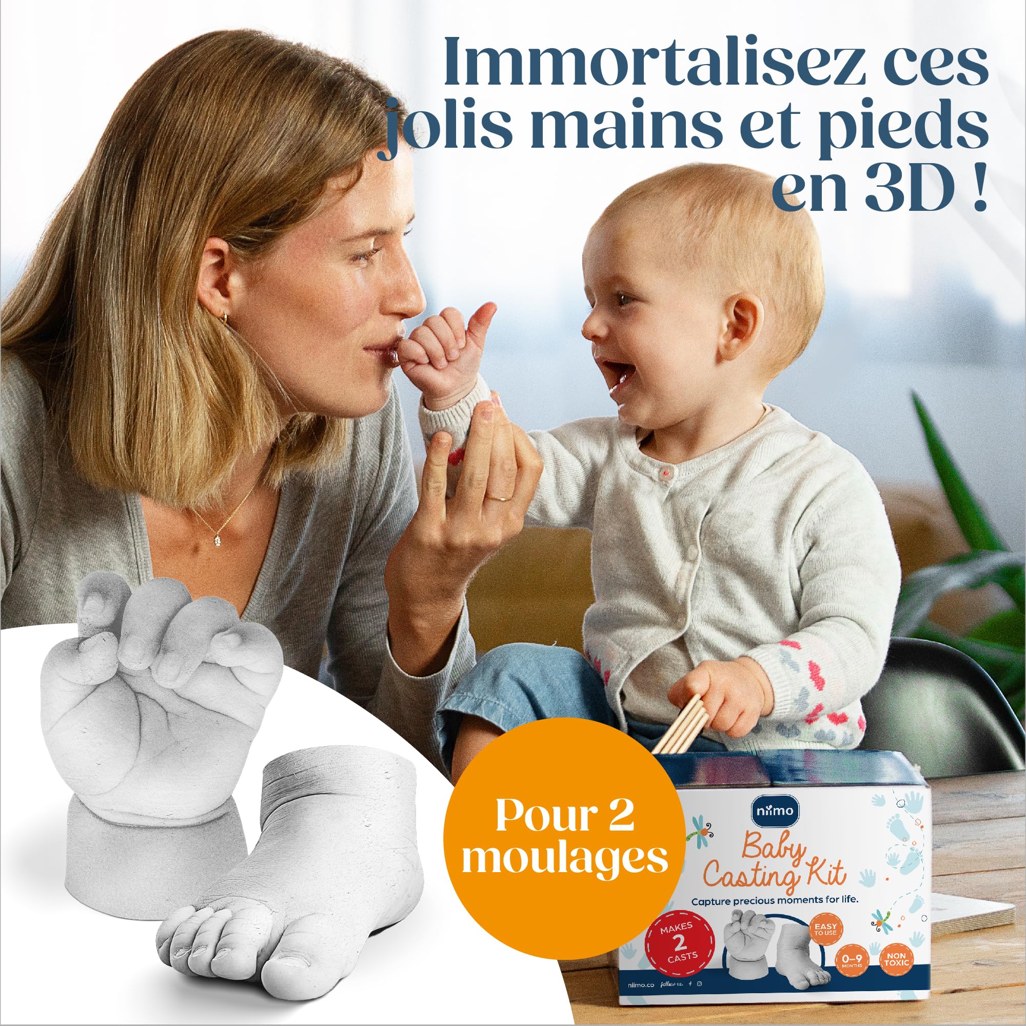Niimo® Kit de Moulage Main et Pied Bébé 3D - Non Irritant et Non Toxique avec 2 Sachets d’Alginate et 2 Sachets de Poudre de Moulage, Cadeau Souvenir Personnalisé, Capacité 2 Moulages