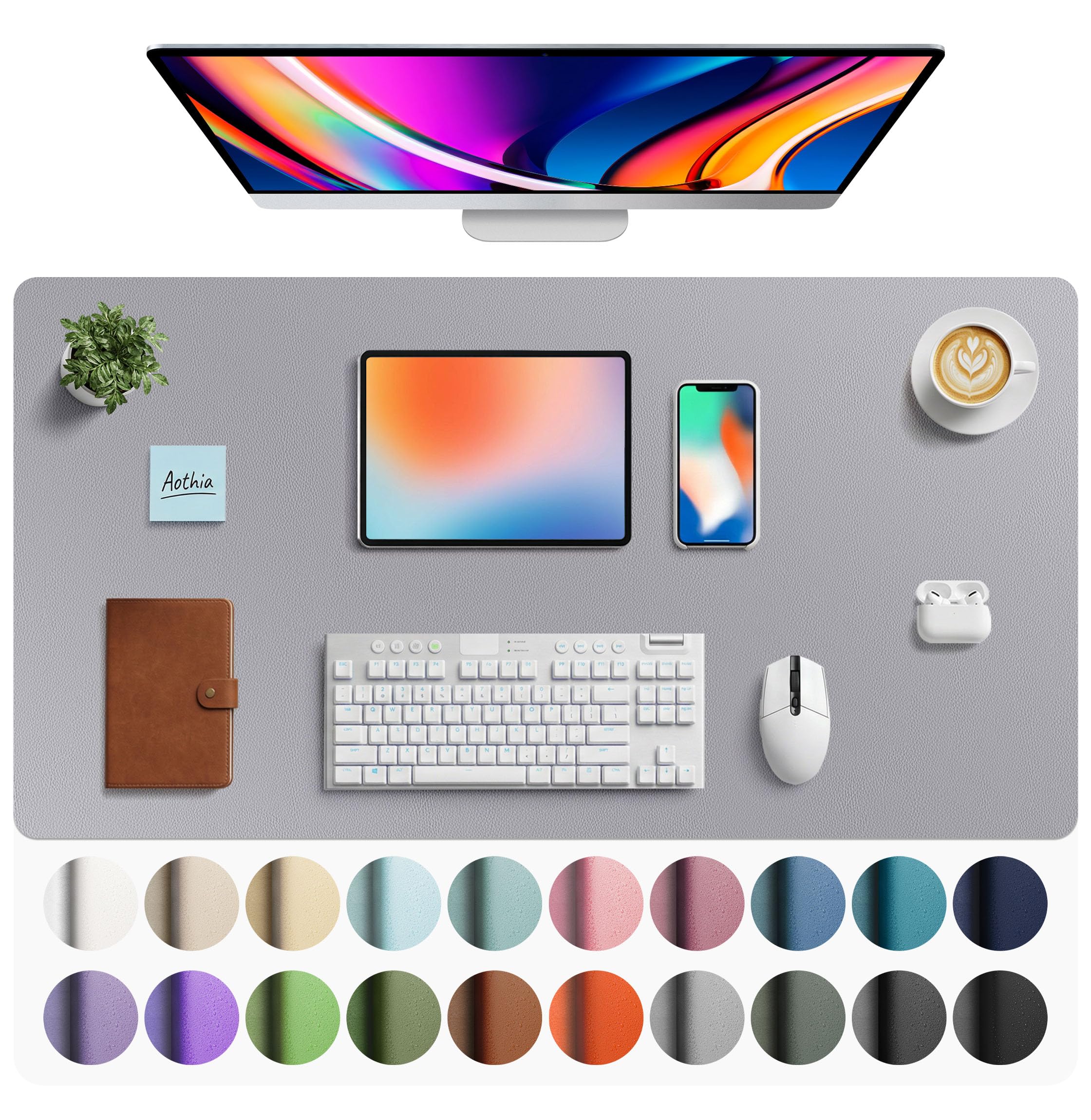 Aothia Faux Leather Desk Mat - Large Mouse Pad, Non-Slip PU Leather Blotter, Waterproof Writing Surface for Office and Home (Light Grey, 40" x 24")