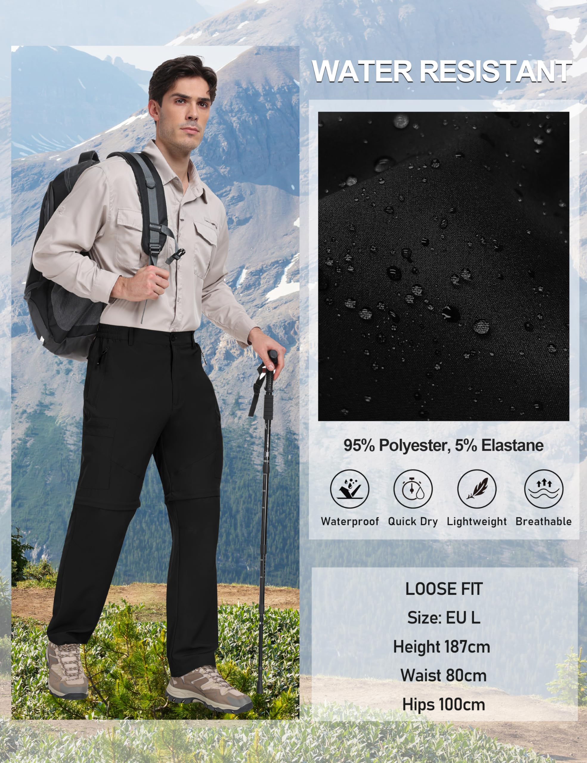JINSHI Hombre Pantalón Convertible Cortos de Secado Rápido Ligero Zip Off Pantalones de Senderismo Montaña Escalada con 5 Zip-Bolsillos