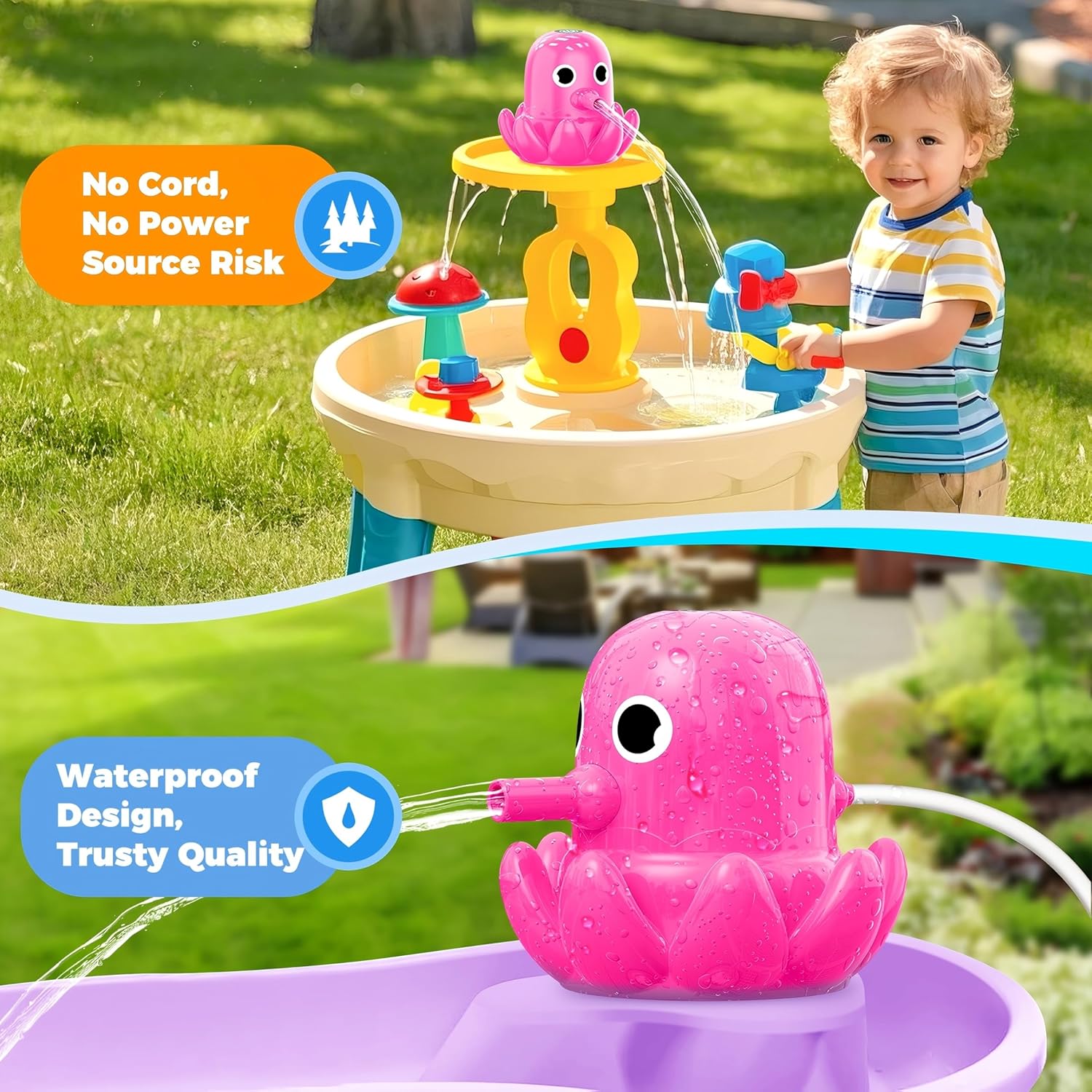 Water Table Pump, Battery Powered Continuous Water Pump for Water Table, Cordless Octopus Rechargeable Magnetic Pump, No Drill Installation, Outdoor Water Play Accessory for Kids (Pink)