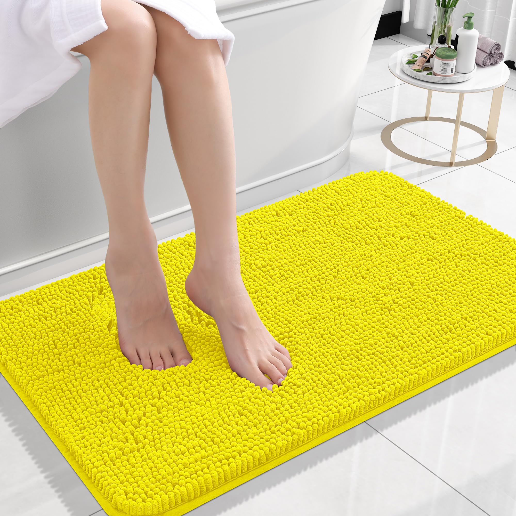 OLANLY Small Bathroom Rugs 24x16, Extra Soft Absorbent Chenille Bath Rugs | Lemon Yellow, Quick-Drying Rubber Backing, Washable Bath Mat for Bathroom Floor, Tub and Shower, Home Decor Accessories