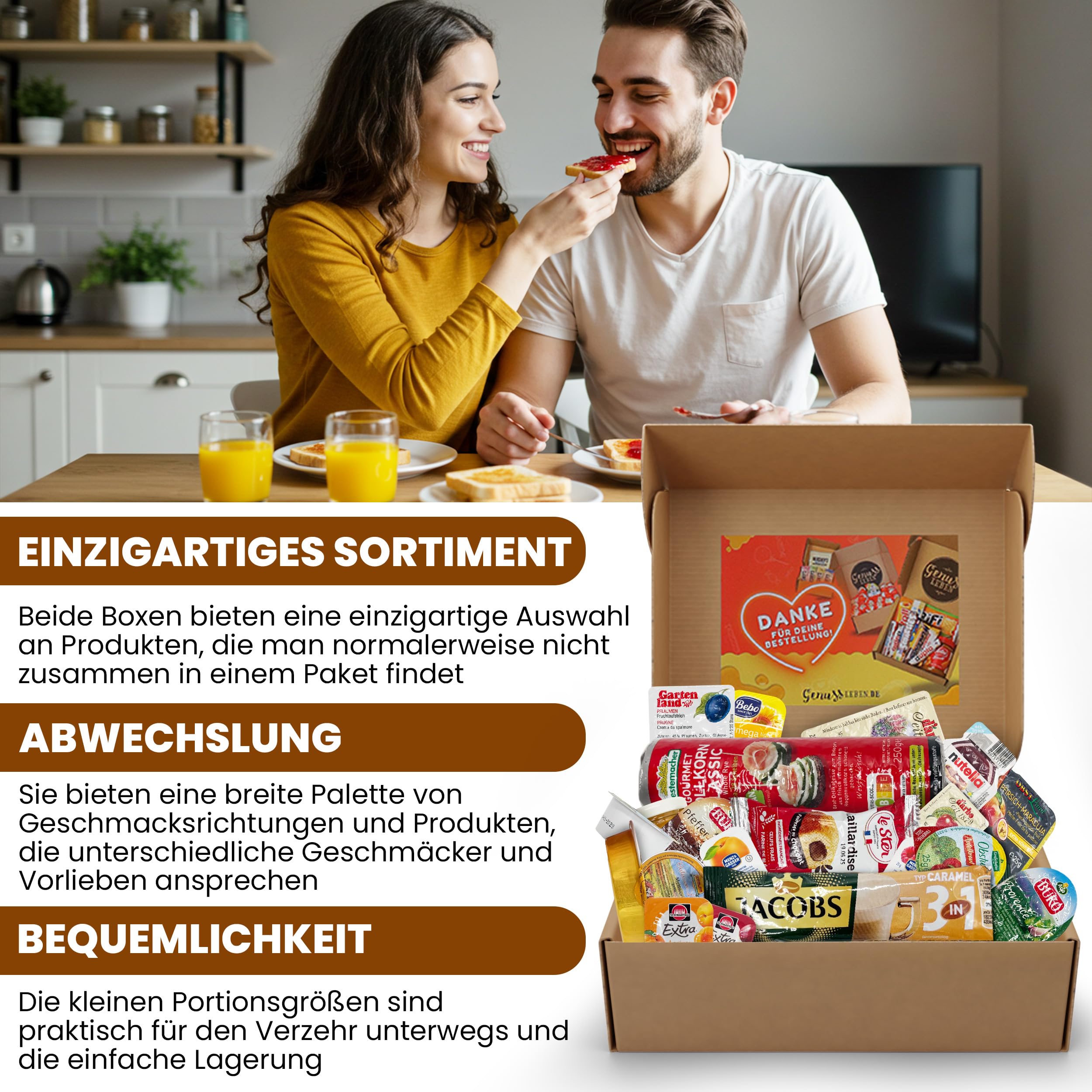Genussleben All In One 800g Frühstücksbox mit Brot, Kaffee, Marmelade, Honig, Kuchen, Wurst und Frischkäse in vielen Geschmacksrichtungen, kleine Portionen im Mix für Unterwegs
