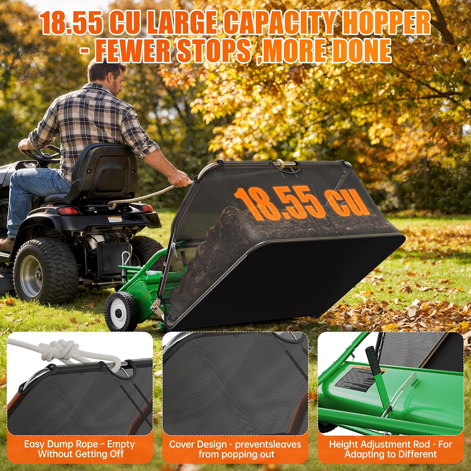 ouluu 42" Green Lawn Sweeper Tow Behind, Large Capacity Grass Sweeper Tow Behind with 18.55 cu. ft Hopper, Heavy Duty Leaf & Grass Collector, Adjustable Height, Easy Dump Rope, Universal Hitch
