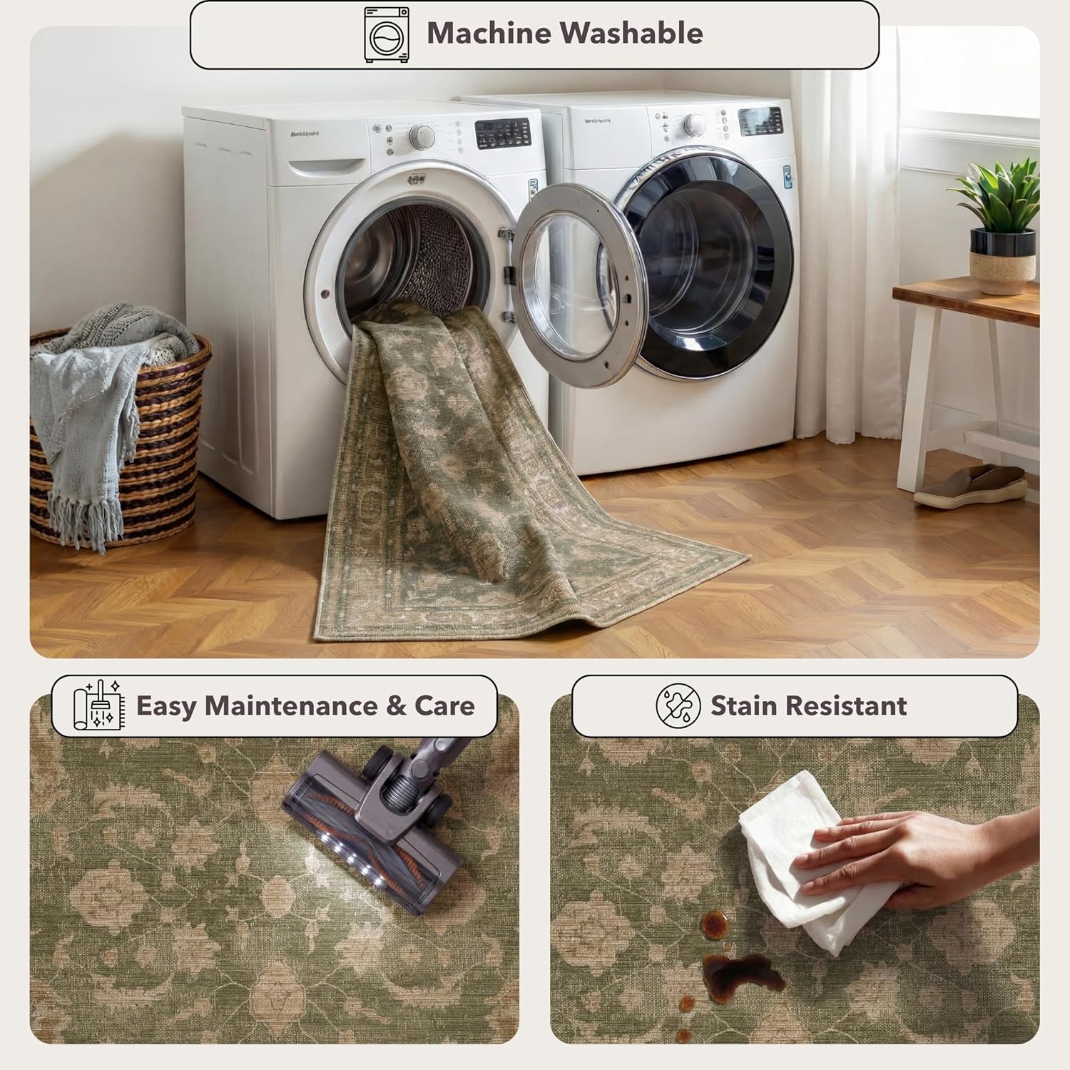 Kuden 5x7 Area Rug, Machine Washable Area Rug with Non-Slip Backing, Vintage Style, Soft, Easy Clean, Low Pile Rug for Living Room, Bedroom, Dining Room