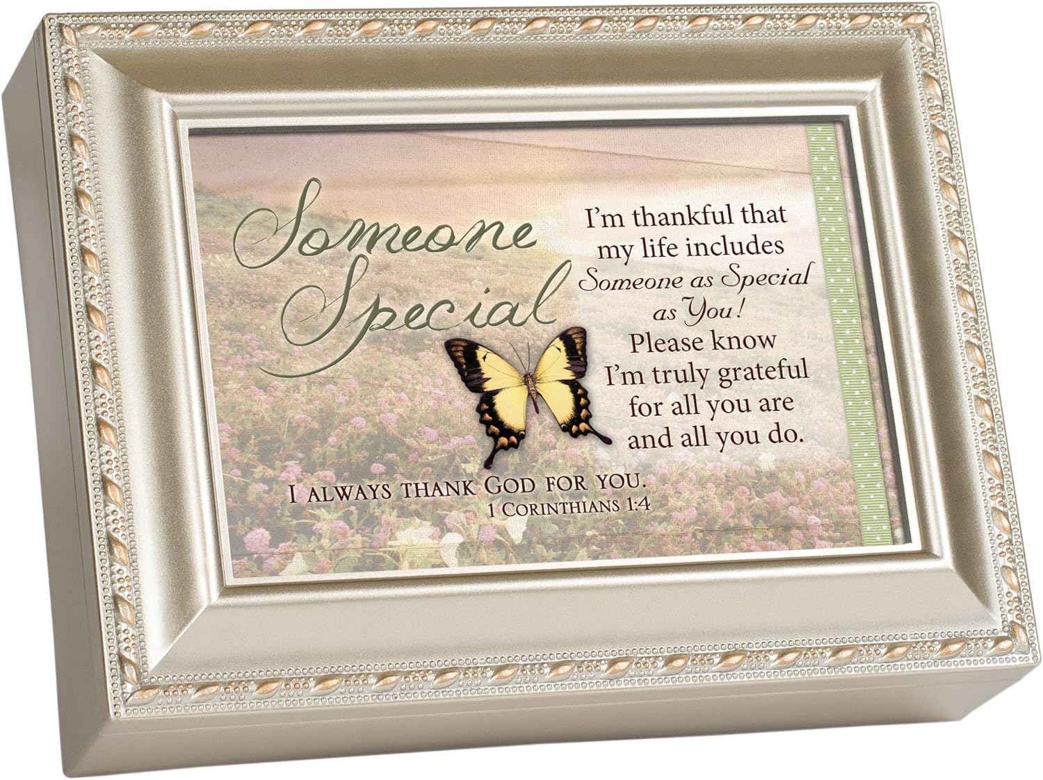 Cottage Garden Someone Special So Thankful Silvertone Rope Trim Jewelry Music Box Plays Amazing Grace