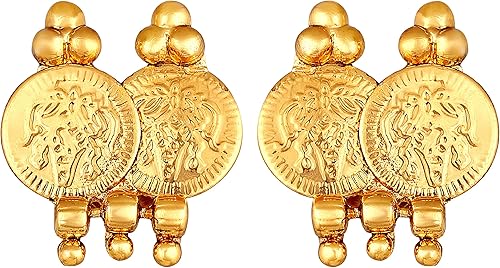 Miniatura 7 de Aheli Juego de collar y aretes de moneda laxmi india de tono dorado, estilo étnico del sur de la India, boda, fiesta, joyería de moda, regalo para