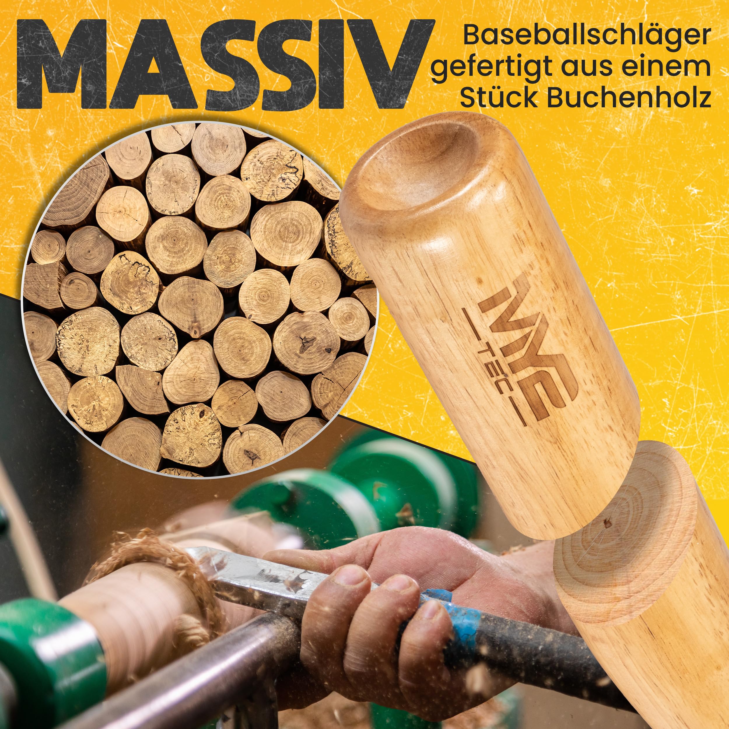 Oramics Baseballschläger Holz 18 Zoll (48 cm) – Robuster Massivholz Baseball Bat mit Handschlaufe & Tragetasche – Outdoor Schläger für Training, Sport & Freizeit