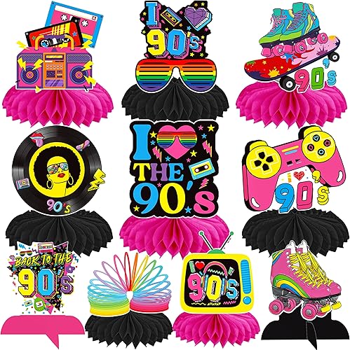 Miniatura 1 de 12 centros de mesa retro de panal de los años 90, centros de mesa de los años 90 para decoración de fiesta de regreso a los años 90 para fiestas de