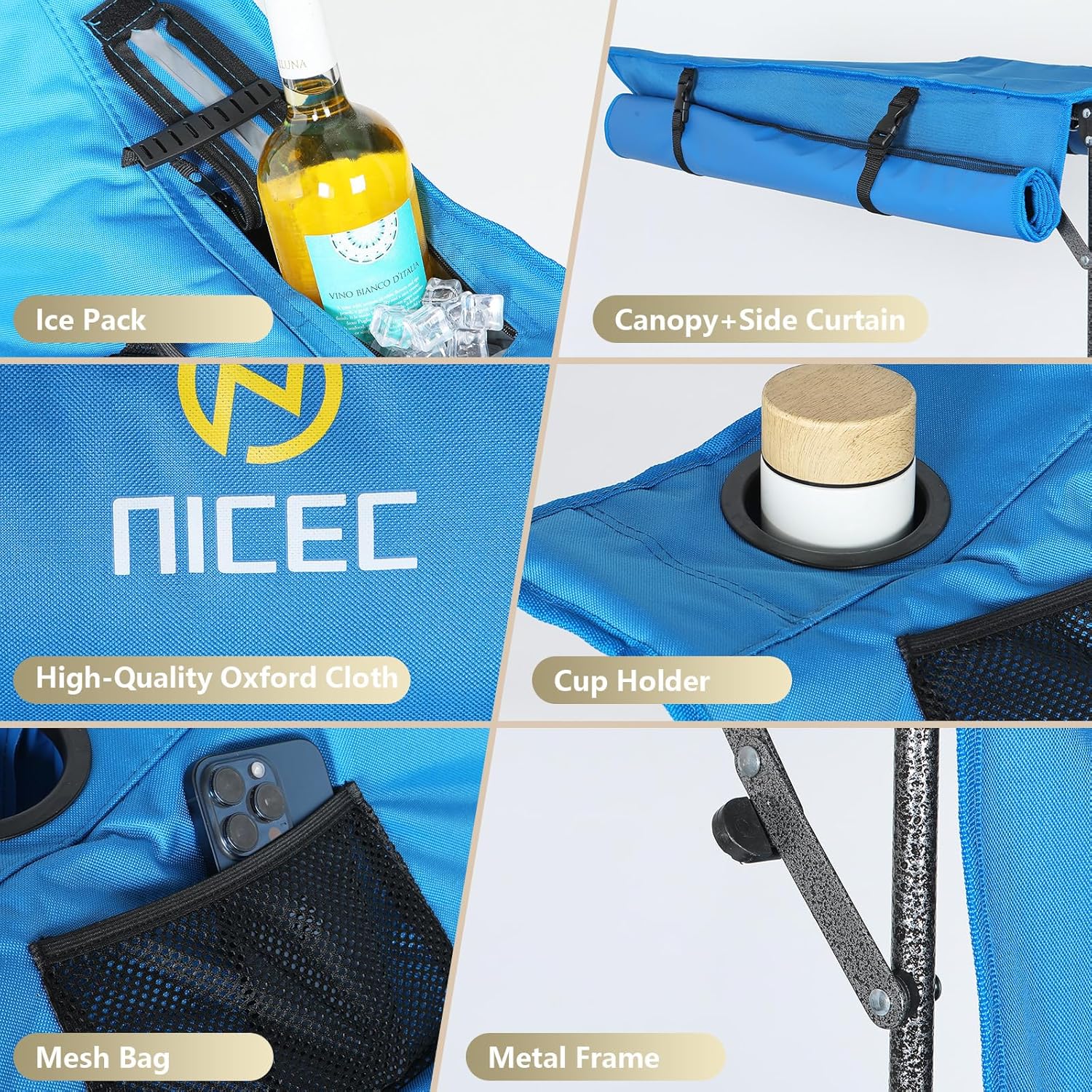 Nice C Rocking Camping Chair with Canopy, XL Oversized Folding Rocker for Adult, Outdoor Umbrella Chairs with Shade, with Cup Holder, Cooler Bag, Carry Bag, for Sports, Patio, Backyard (2 Pack, Blue)