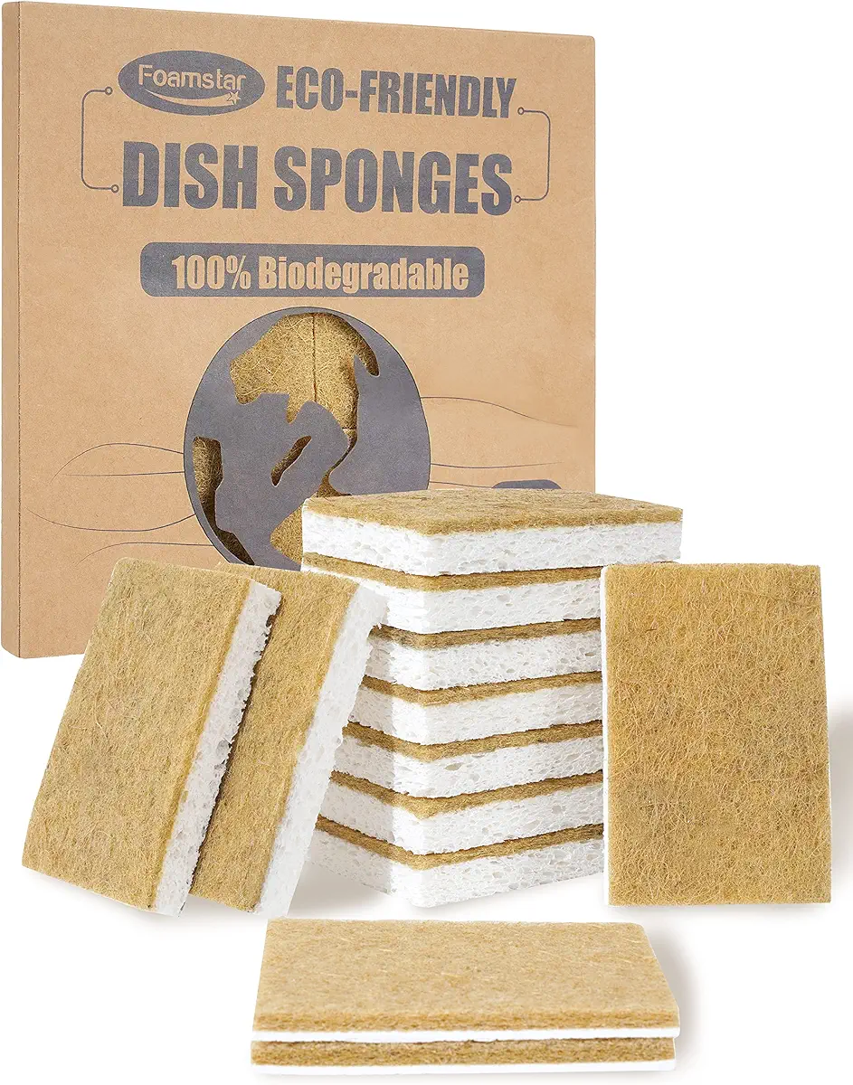Biodegradable Natural Kitchen Sponge 12Pack, Compostable Cellulose and Coconut Walnut Scrubber Sponge
