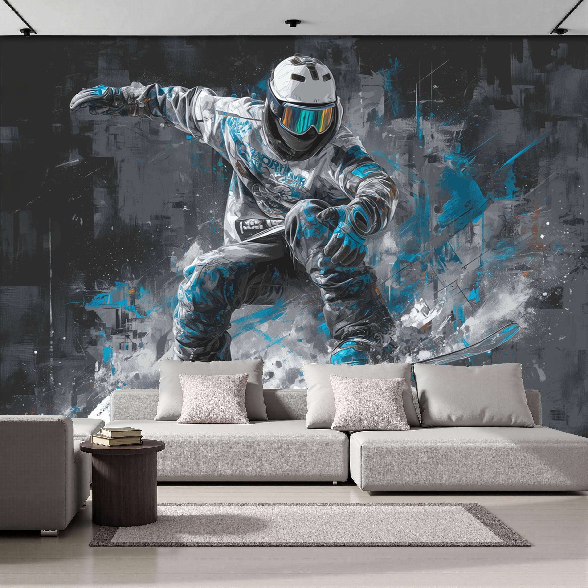 Papier peint panoramique skieurs gris-bleu pour agrandir une petite pièce avec un effet 3D