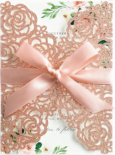 PONATIA 25 tarjetas de invitación de boda con purpurina de oro rosa de 5.12 x 7.1 pulgadas, corte láser, rosa hueca con sobres, papel imprimible con