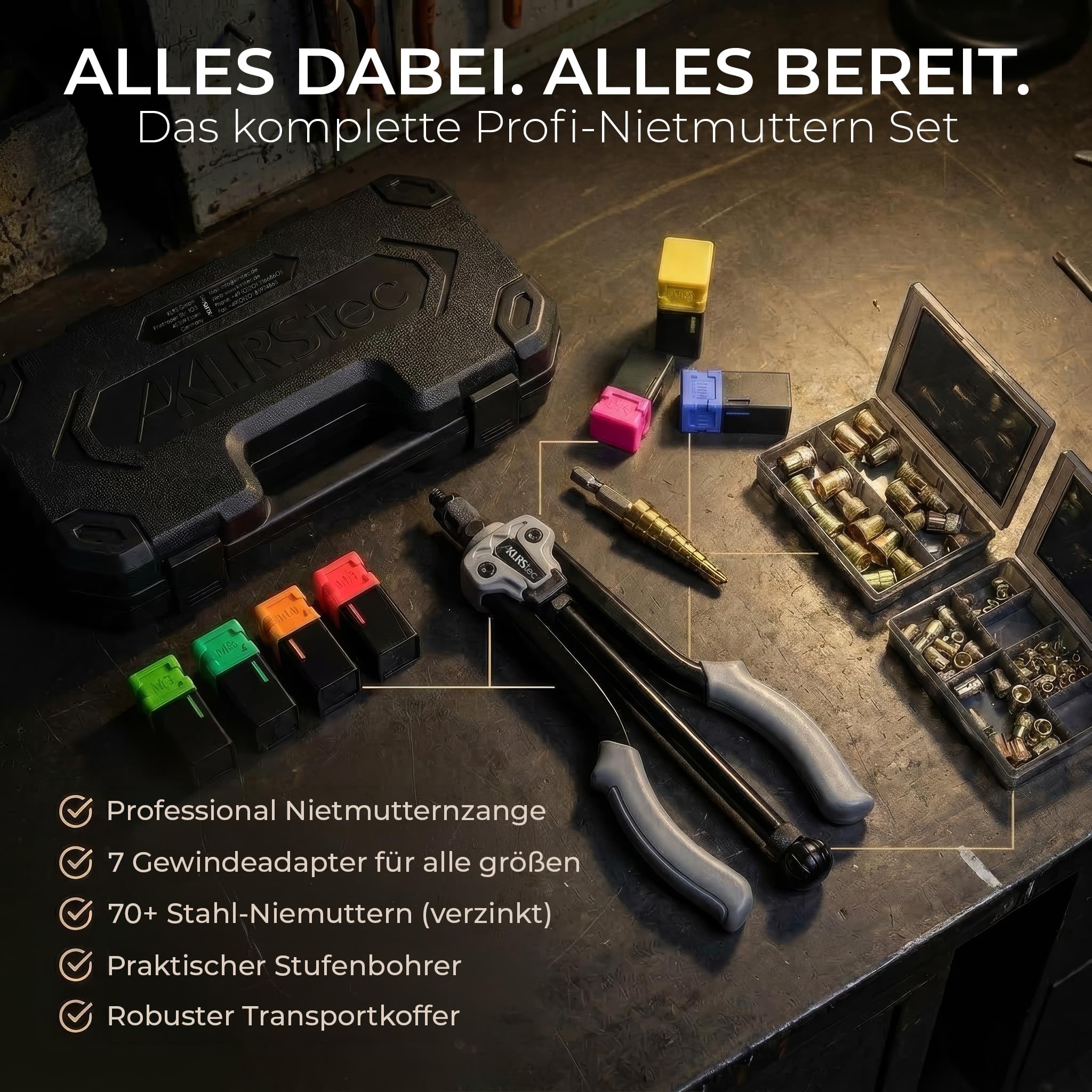 KLRStec Professional Nietmutternzangen Set [M3–M12] Halbautomatische Nietmutternzange für schnelleres arbeiten inkl. 70 Nietmuttern, Stufenbohrer & Werkzeugkoffer – Profi Nietenzange Set