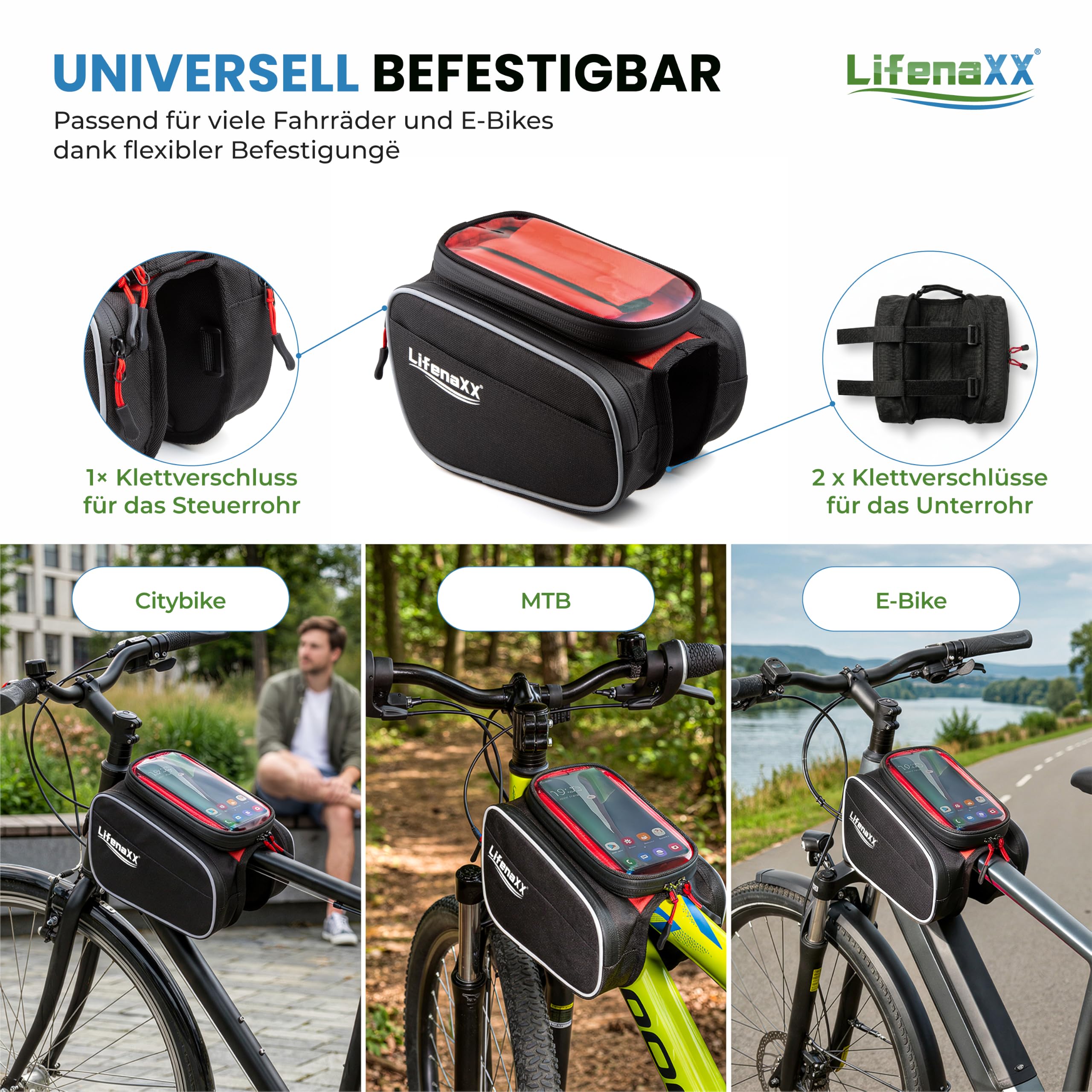 fahrradtasche für crossbike Lifenaxx wasserdichte Fahrradrahmentasche, 3L mit integriertem Smartphonefach Smartphones bis 6,7 Zoll, für E-Bike, MTB, Rennrad, Citybike & Trekkingrad – LX-029 Sport & Freizeit Akkutyp:400 Wh Utensilo fuer fernbedienung - Etiketten