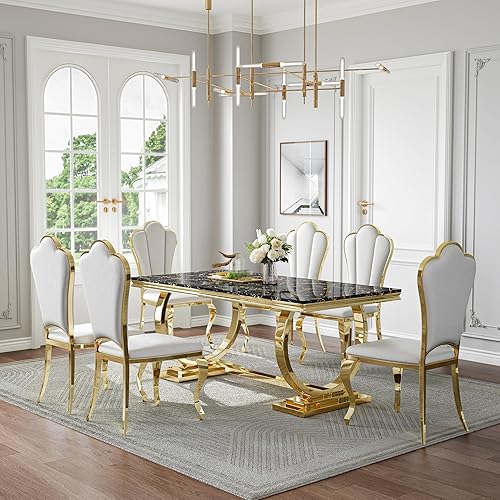 Miniatura 48 de Juego de mesa de comedor de mármol sintético de 70 pulgadas para 6, mesa de cocina grande y sillas de cuero sintético blanco, mesas de comedor Plata