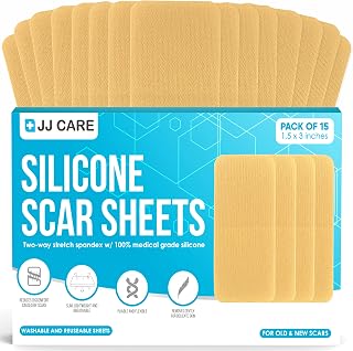 JJ CARE Silicone Sheets for Scars 3"x1.5" - 15 Count Medical Grade Silicone Scar Strips Washable & Reusable Soft Silicone Scar Tape for Keloid, C-Section, Tummy Tuck, Injury, Burn, Surgery Recovery