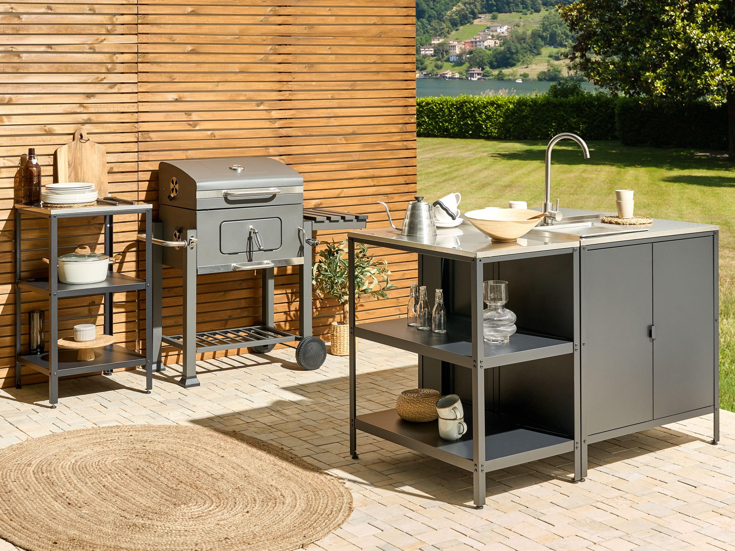 Beliani Commode de Jardin Îlot en Acier INOX Noir 80 x 50 x 92 cm Vilama