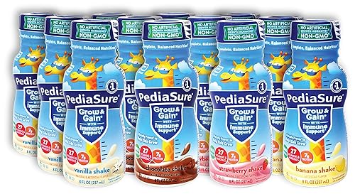 PediaSure - Batido de apoyo inmunitario, paquete de 12 unidades, 3 fresas, 3 plátanos, 3 vainilla y 3 sabores de chocolate, batido de proteínas para