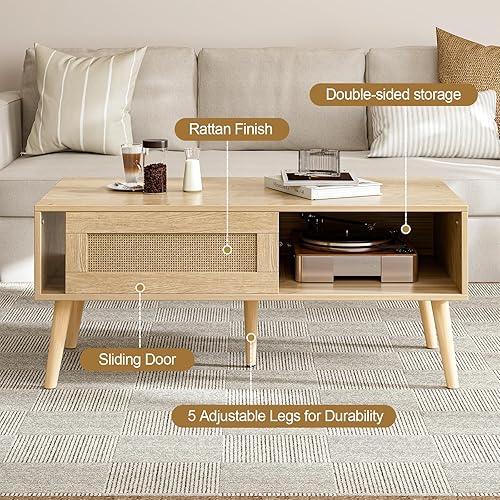 Miniatura 4 de Mesa de café de madera con almacenamiento, mesa de comedor bohemia con panel de puerta deslizante de ratán y patas de madera maciza, mesas de café