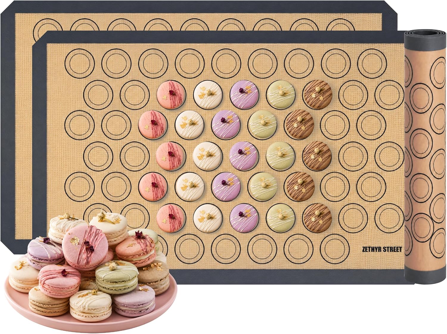 Macaron Baking Mat Silicone Non Stick, Full Sheet Reusable Pack of 2 Gray