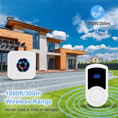 Miniatura 3 de HUWOO Timbre inalámbrico impermeable para puerta, timbre para hogar, oficina, negocios, aula, luz LED de 7 colores que funciona a 1000 pies, 55