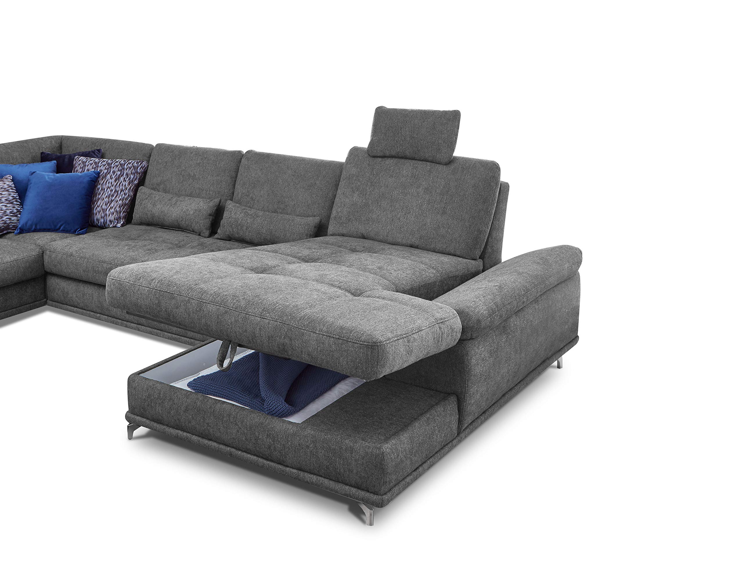 Cavadore Wohnlandschaft Castiel mit Federkern / Großes U-Form-Sofa mit Schlaffunktion, Bettkasten, Sitztiefenverstellung und Kopfstützen / 368 x 114 x 232 / Webstoff, Grau