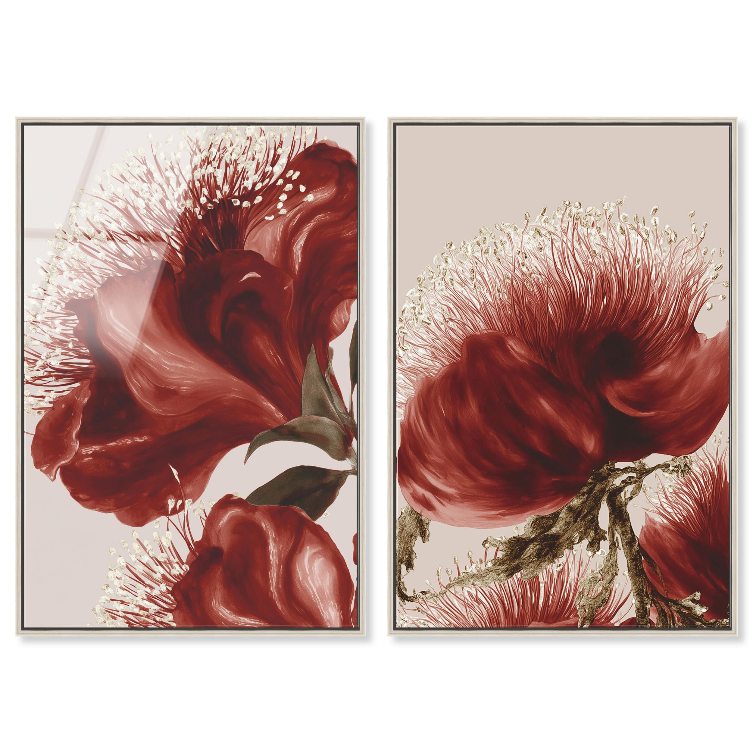 Art Remedy Deep Bloom Gerahmter Acryldruck Blumen-Wanddekor-Set, silberner Rahmen, 40,6 x 61 cm, 2 Stück