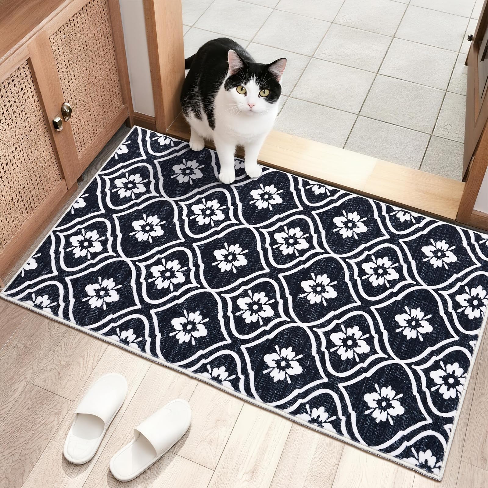 Puremy Waschbarer Kleiner Küchenteppich 60X100cm, Fussmatte Innen, Ultradünner Teppiche Mit Marokkanischem Muster, Schmutzabweisend Für Flur, Kinderzimmer, Waschküche, Schlafzimmer, Schwarz