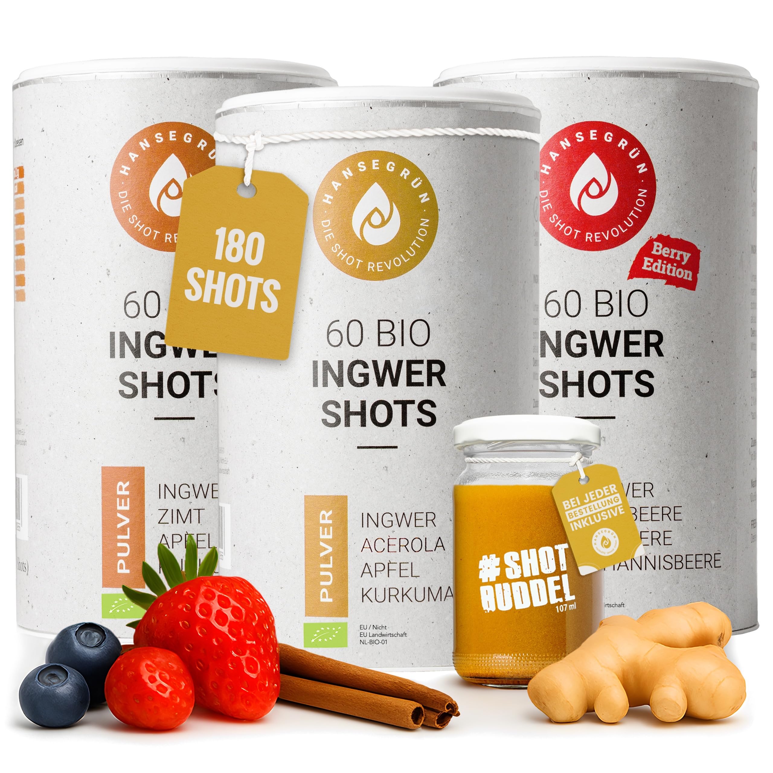 Hansegrün - Kennlernset Ingwer Shots (180 Stk.) - Veganes Superfood-Pulver für Immungsystem¹ & Energiestoffwechsel³ - Kurkuma, Zitronenschale & Acerola - 100% echte Zutaten zur täglichen Zubereitung