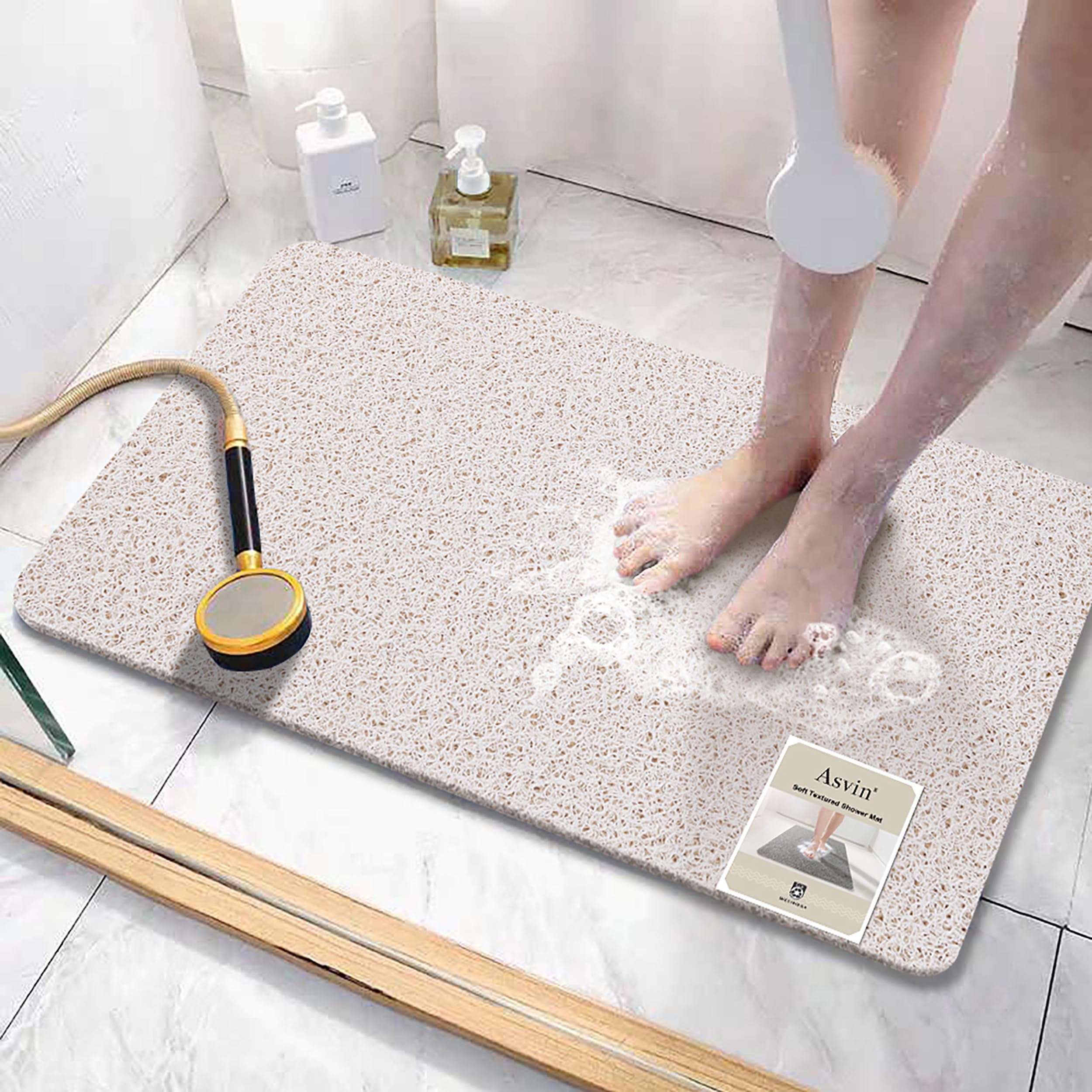 Asvin Weiche, strukturierte Badematte, ca. 60 x 81 cm, phthalatfrei, rutschfeste Komfort-Badewannenmatten mit Ablauföffnungen, PVC-Luffa-Badezimmermatte für Nassbereiche, schnell trocknend