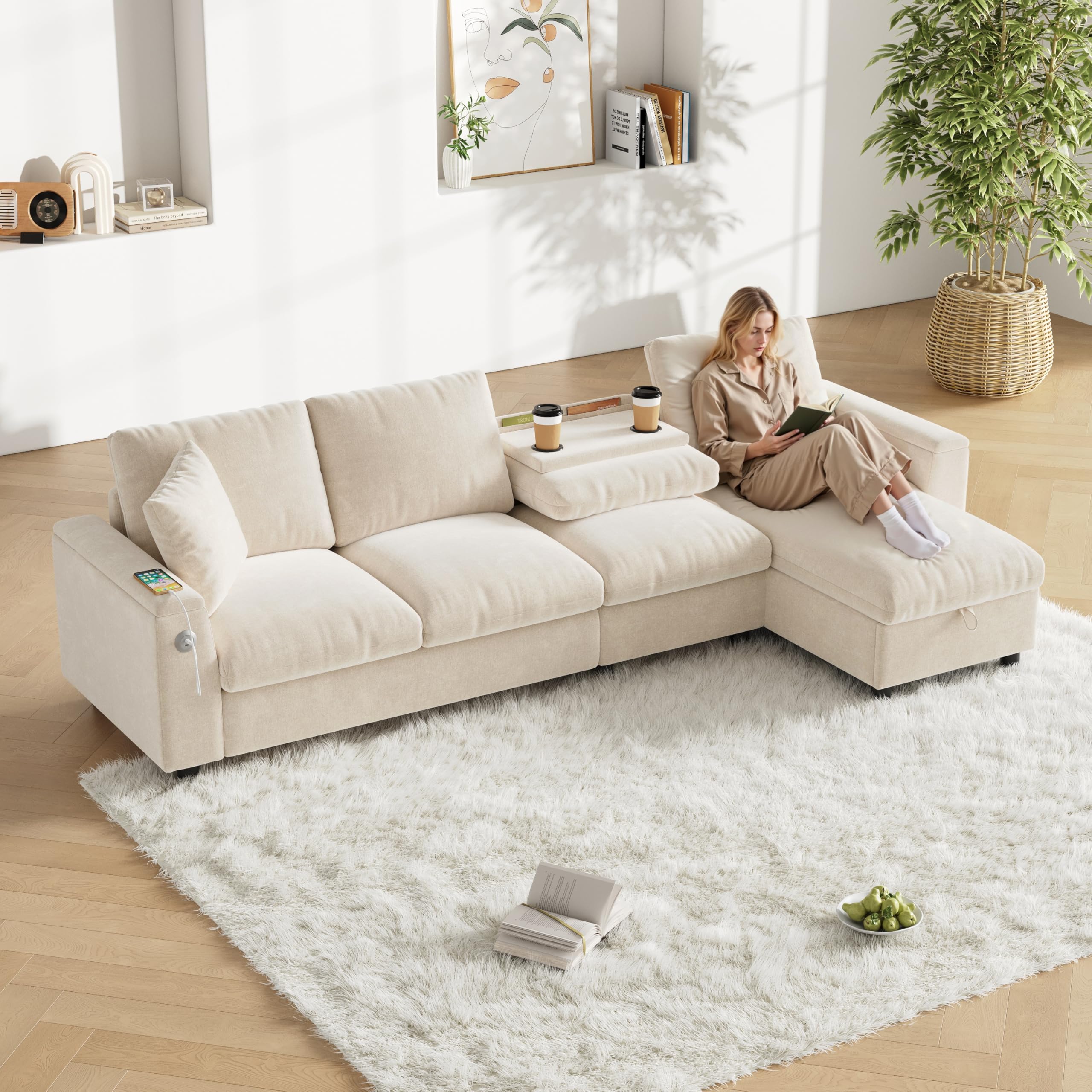 Sofa narożna w kształcie litery L, funkcja spania i wysuwana sofa, materiał szenilowy, miejsce do przechowywania + rozkładany stolik kawowy, złącze ładowania USB-C, regulacja w prawo/lewo