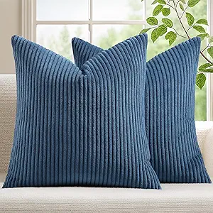 Mecatny Corduroy Decorative Throw Pillow Covers 16x16 Set of 2 for Sofa Living Room, Soft Neutral Boho Couch Pillow Covers for Home Decor, Navy Blue