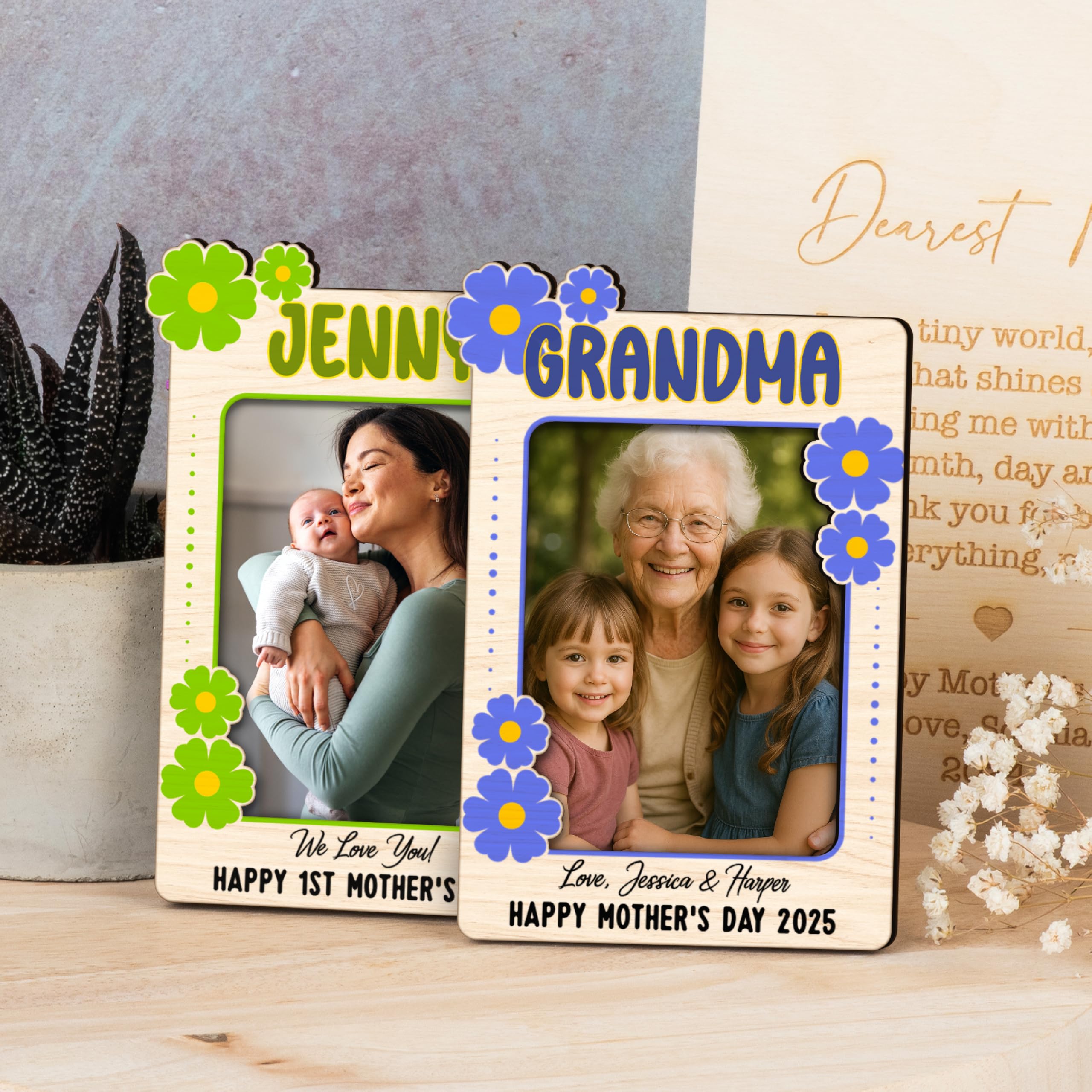 Personalized Mother’s Day Car Visor, Custom Name & Text Fridge Magnet Photo Frame – 3.5x5” Wooden Frame with Floral Design – Gift for Mom, Grandma, Nana, Grammy – 14 Color Options
