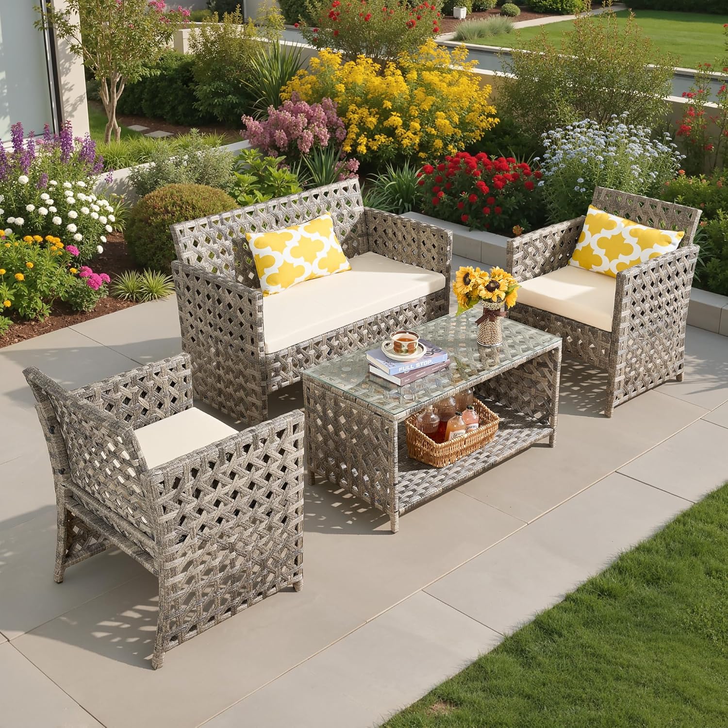 4-Piece Patio Furniture Set,Small Wicker Outdoor Patio Conversation Furniture Set,All Weather Rattan Outdoor Patio Sofa Loveseat with Glass Table for Porch Yard Deck (Beige)