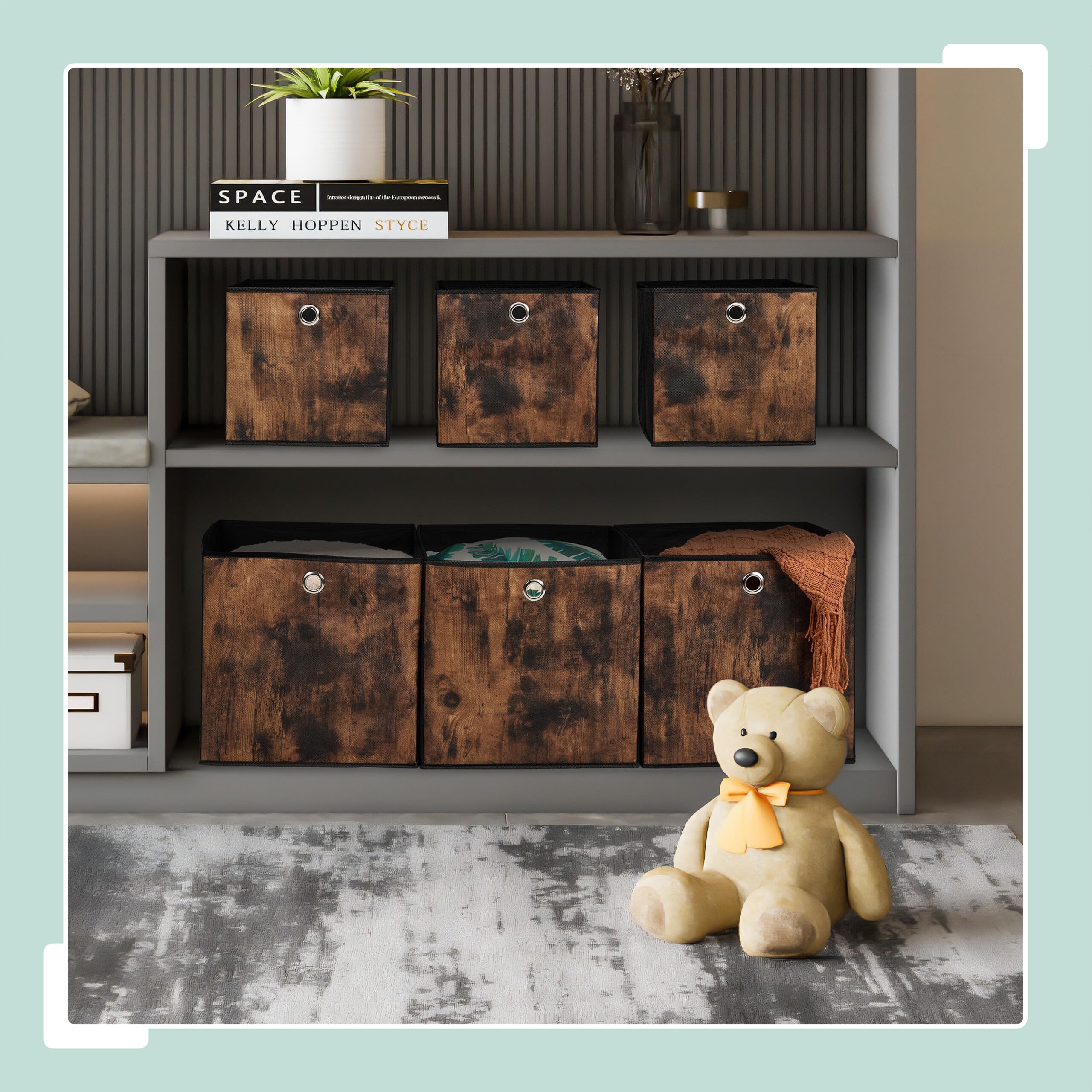 Relaxdays Scatola Portaoggetti, Set 6 Box a Cubo da Scaffale, HLP: 33x33x33 cm, Portagiochi Pieghevole, Nero Marrone