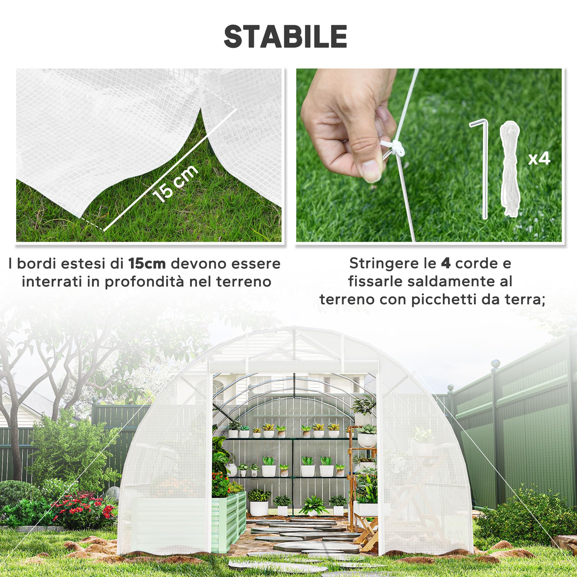 Outsunny Serra da Giardino a Tunnel 8x3x2 m con Porte Avvolgibili e 12 Finestre, Serra per Orto con 4 Rinforzi Diagonali, Struttura in Acciaio e Copertura PE, per Orto Verdure Fiori Frutta, Bianco